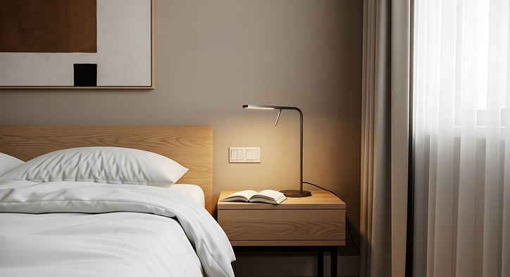 Lámpara encendida sobre mesita de noche con libro abierto, junto a cama con sábanas blancas