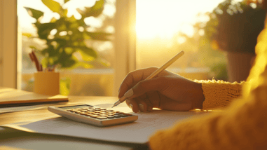 Persona calculando en una mesa con luz natural al atardecer, usando una calculadora y un bolígrafo, con papeles delante y plantas de fondo.