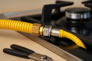 Tubería amarilla de gas conectada a una cocina de gas con herramienta sobre la encimera