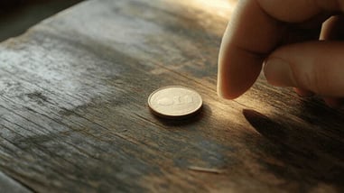 Moneda encima de una mesa de madera