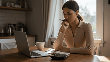 Mujer concentrada revisando información en su portátil mientras toma notas en una libreta, con una calculadora sobre la mesa en un entorno doméstico.