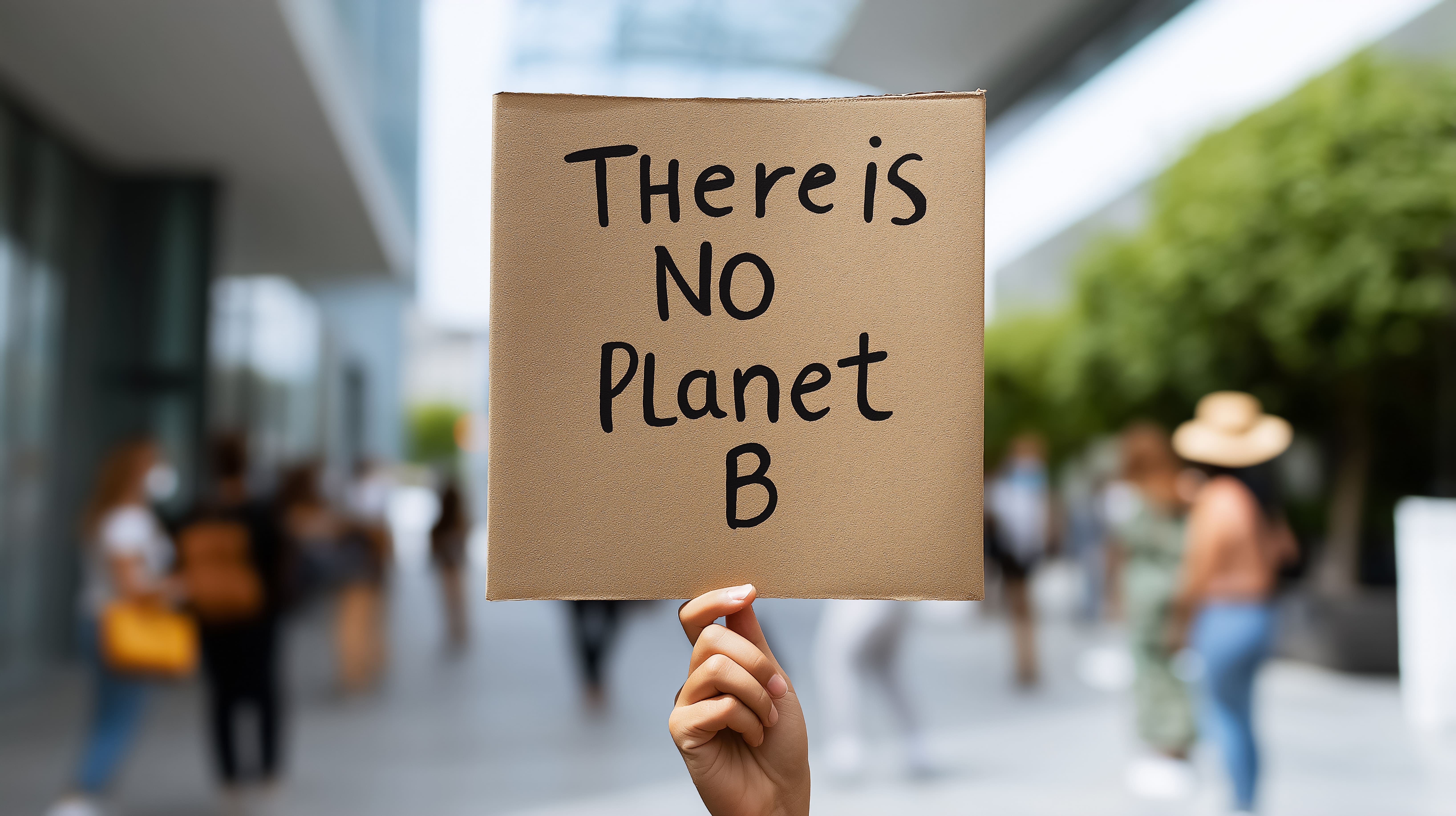 Cartel con el mensaje 'There is no Planet B' sostenido por una mano en una manifestación