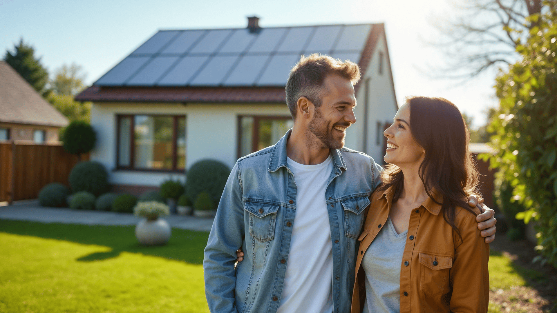 Pareja sonriente frente a su casa con paneles solares en el tejado