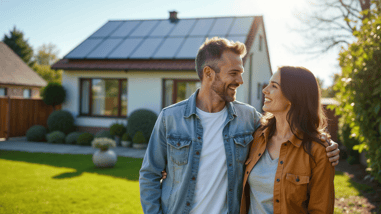 Pareja sonriente frente a su casa con paneles solares en el tejado