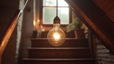 Bombilla encendida colgando del techo en una escalera de madera con luz cálida