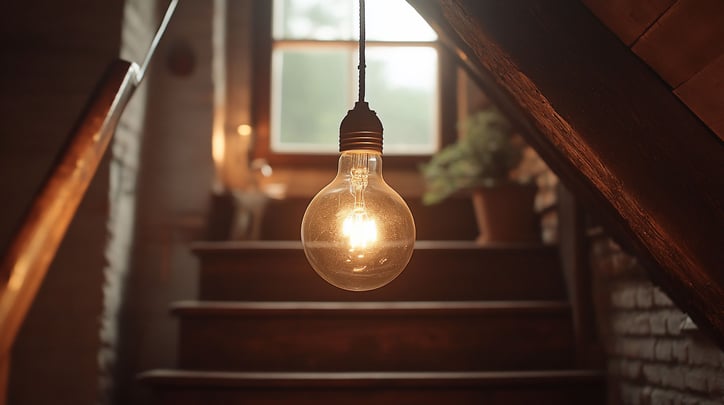 Bombilla encendida colgando del techo en una escalera de madera con luz cálida