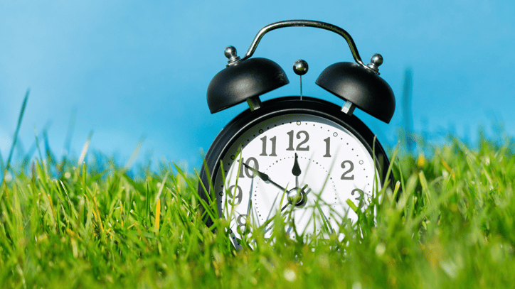 Reloj despertador sobre césped verde bajo un cielo azul.