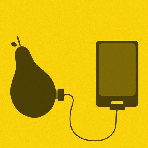 Ilustración de una pera conectada por cable a un teléfono móvil