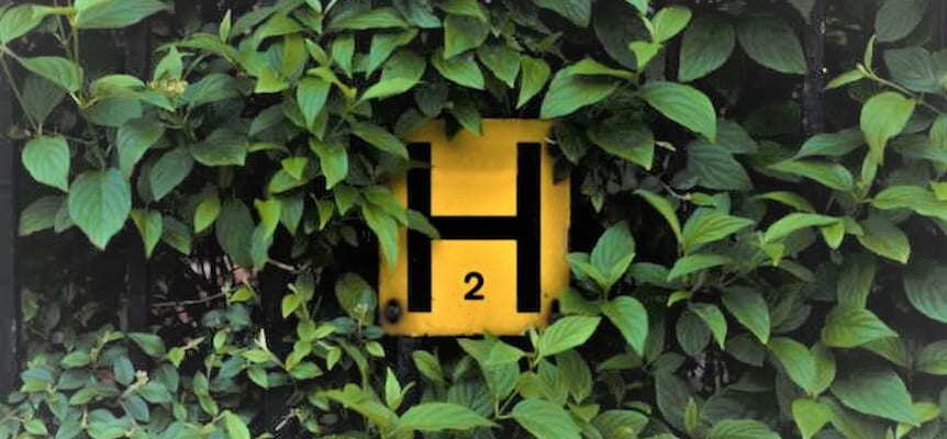 Símbolo de hidrógeno 'H2' en una señal amarilla, parcialmente cubierta por hojas verdes.