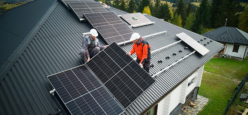 Trabajadores instalando paneles solares en el tejado de una casa