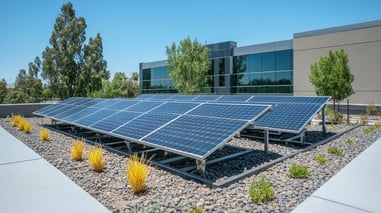 Paneles solares instalados en el suelo de un edificio moderno con jardín