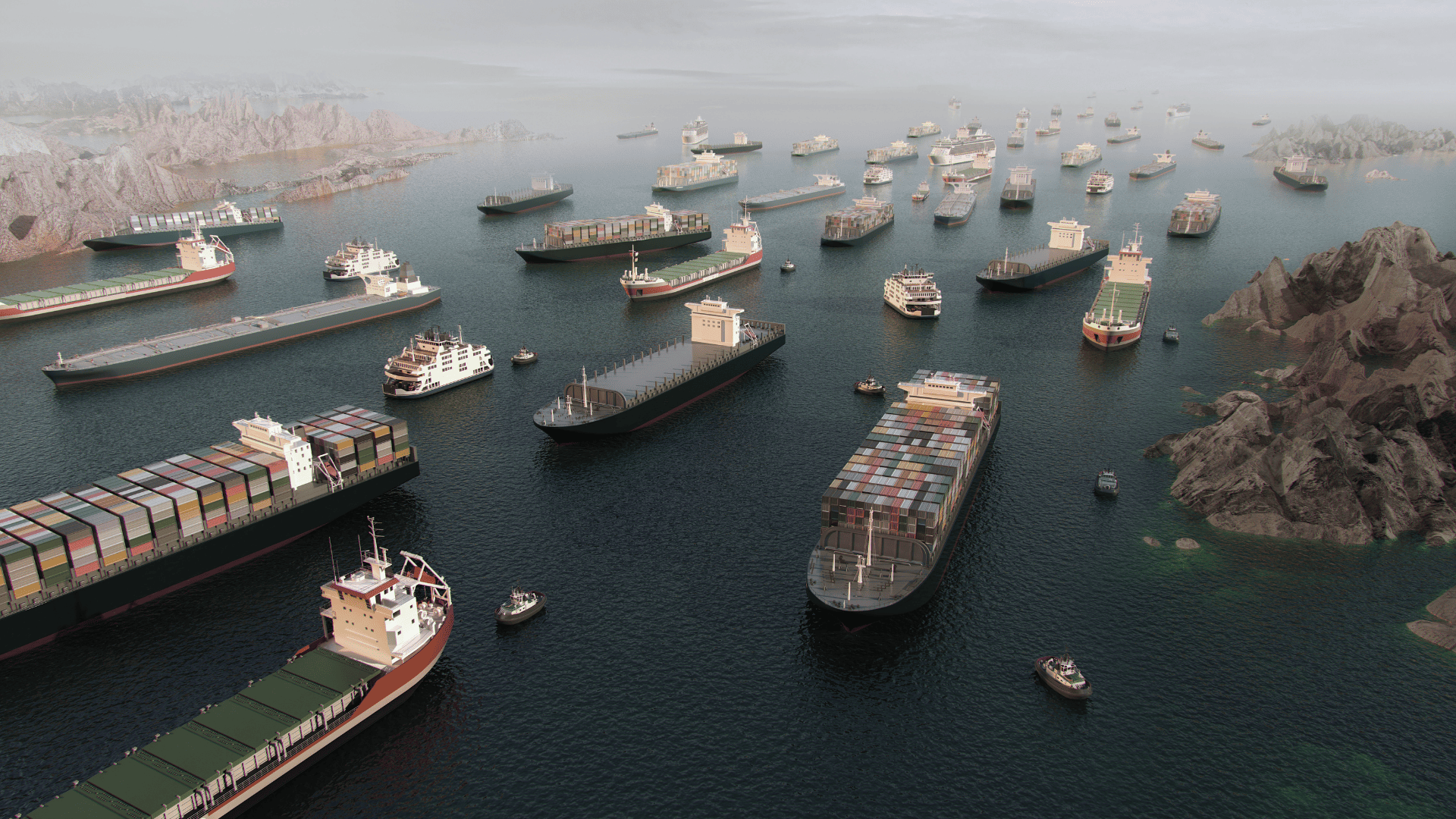Buques mercantes y portacontenedores navegando por el mar.
