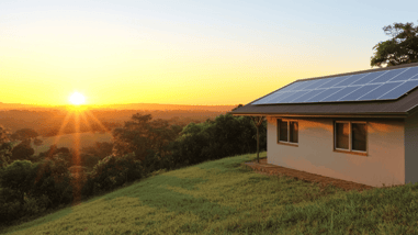 Casa con paneles solares en el tejado al atardecer, situada en una colina rodeada de naturaleza.