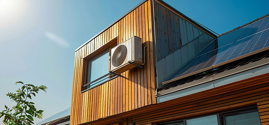Unidad exterior de aire acondicionado en fachada de casa con placas solares