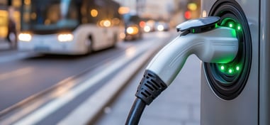 Cargador de vehículo eléctrico conectado con autobús al fondo