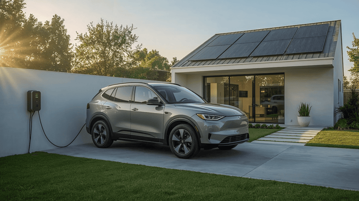 Coche eléctrico cargando en una vivienda unifamiliar con placas solares en el tejado