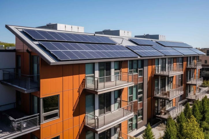 Edificio de viviendas con paneles solares instalados en la cubierta inclinada